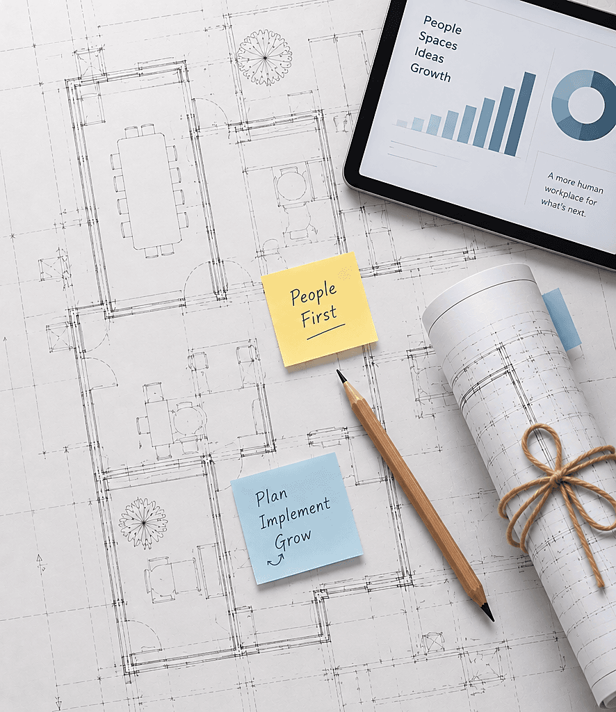 A floor plan spread across a desk with colored sticky notes reading People First and Plan Implement Grow, a pencil, rolled blueprint, and a tablet showing workplace metrics